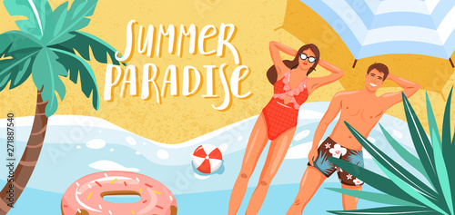 Happy couple sunbathing on a beach. Palm, lettering, swim ring and beach umbrella. Summer rest and vacation concept. Design for banner, landing page, invitation etc. Vector.