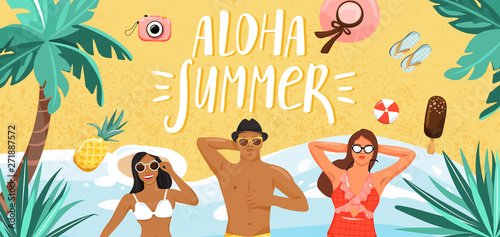 Happy people sunbathing on a beach. Typography slogan "Aloha summer" sign. Summer rest and vacation concept. Design for banner, landing page, invitation etc. Vector.
