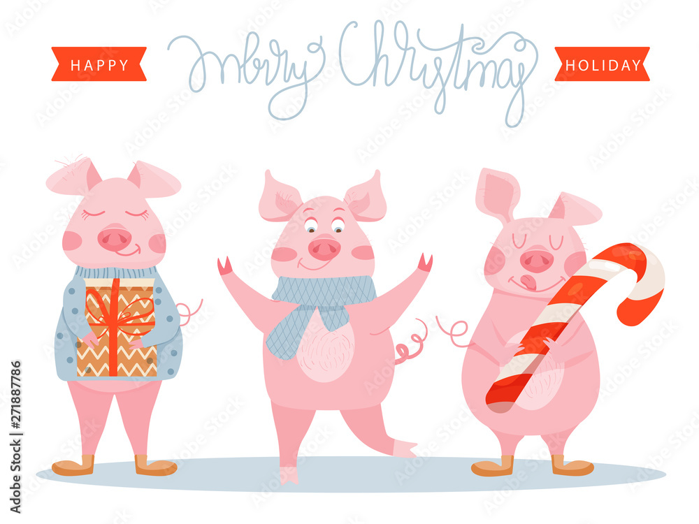 New Year greeting card with funny pigs. Cute pigs with Christmas gift and candy cane. Symbol of 2019 on the Chinese calendar. Vector illustration. New Year greeting card with funny pigs. Cute pigs with Christmas gift and candy cane. Symbol of 2019 on the Chinese calendar. Vector illustration.