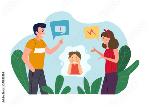 Man and woman  quarreling and baby cries isolated. Vector flat style illustration