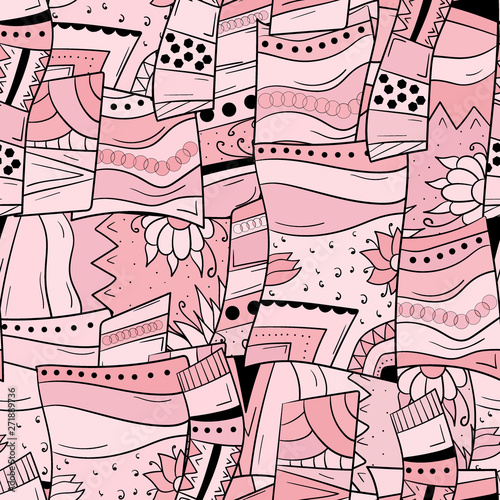 Seamless background with abstract geometric pattern. With flowers and leaves. Squares and circles