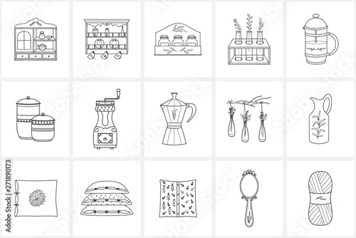 Hand drawn kitchen and home icons.