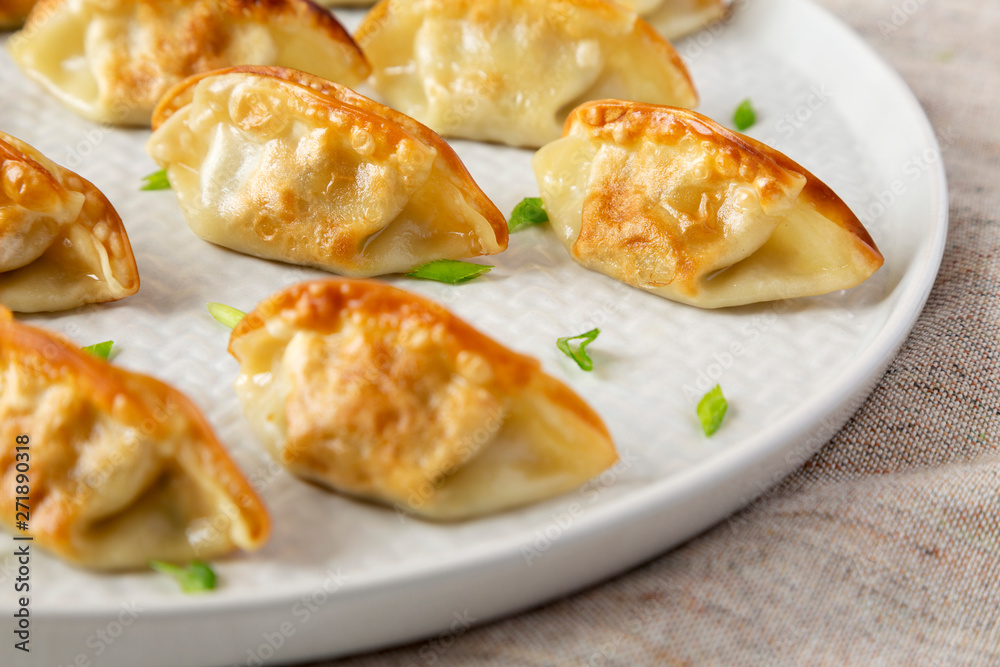 Homemade gyoza on a plate, side view. Closeup. Homemade gyoza on a plate, side view. Closeup.