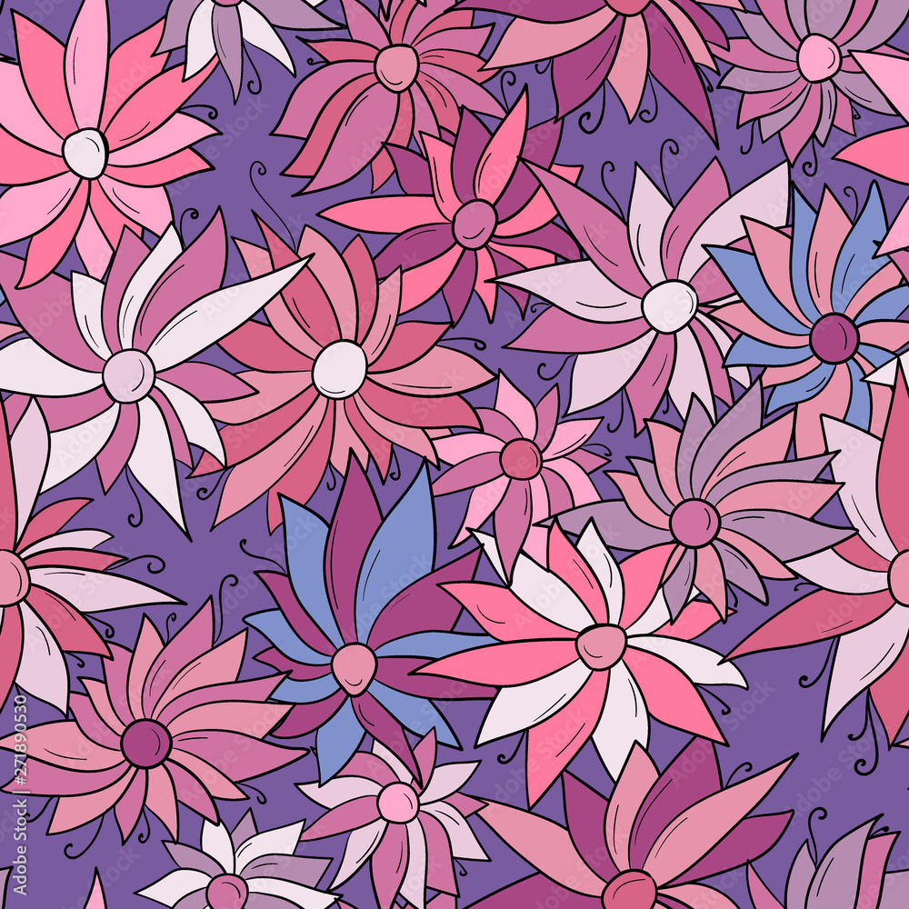 Seamless pattern background with different abstract flowers. Chamomile, aster Seamless pattern background with different abstract flowers. Chamomile, aster