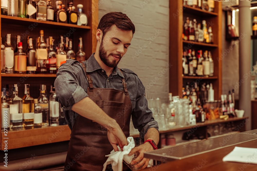 Handsome dark-haired bearded adult bartender polishing glasses at the bar