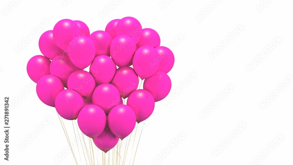 Bunch of bright pink balloons arranged in heart shape floating, gift for love, on white background. 3D rendering. animation. Bunch of bright pink balloons arranged in heart shape floating, gift for love, on white background. 3D rendering. animation.