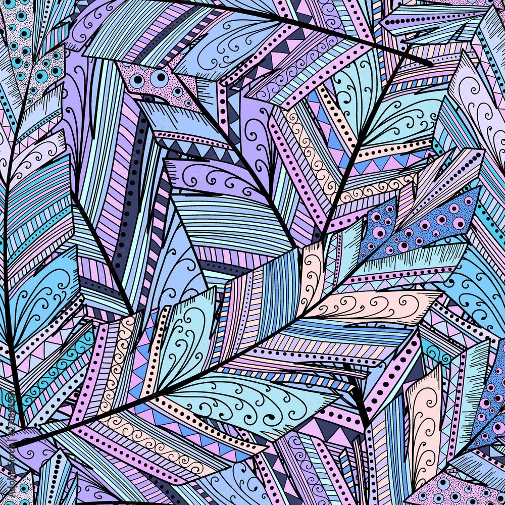 Seamless pattern with abstract feather.Hand draw illustration