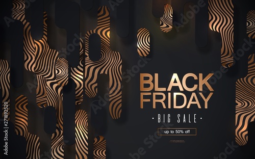 Black Friday sale vector banner, abstract golden background, Ads sign