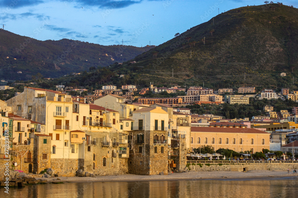 View to Cefalu city at sunset, Cefalu, Sicily island, Italy