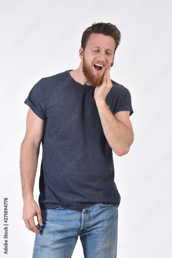 man with toothache on white background