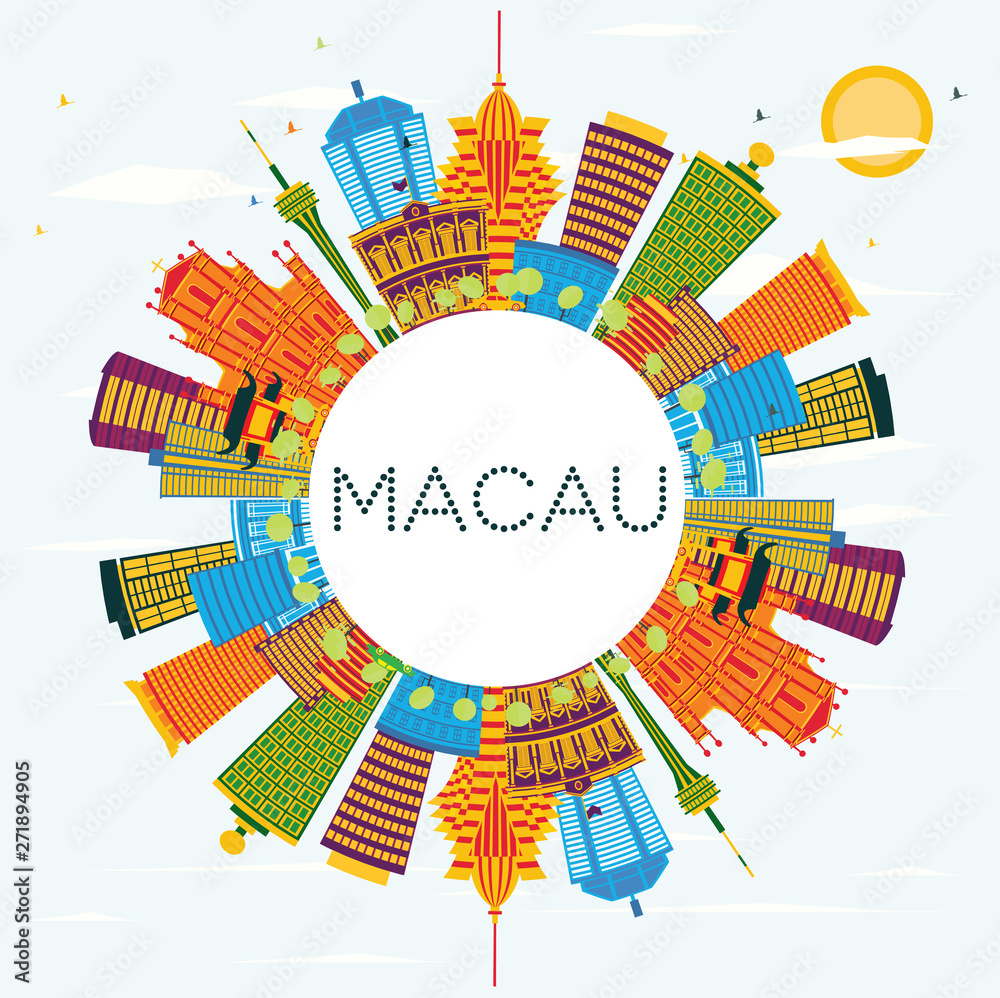 Macau China City Skyline with Color Buildings, Blue Sky and Copy Space.