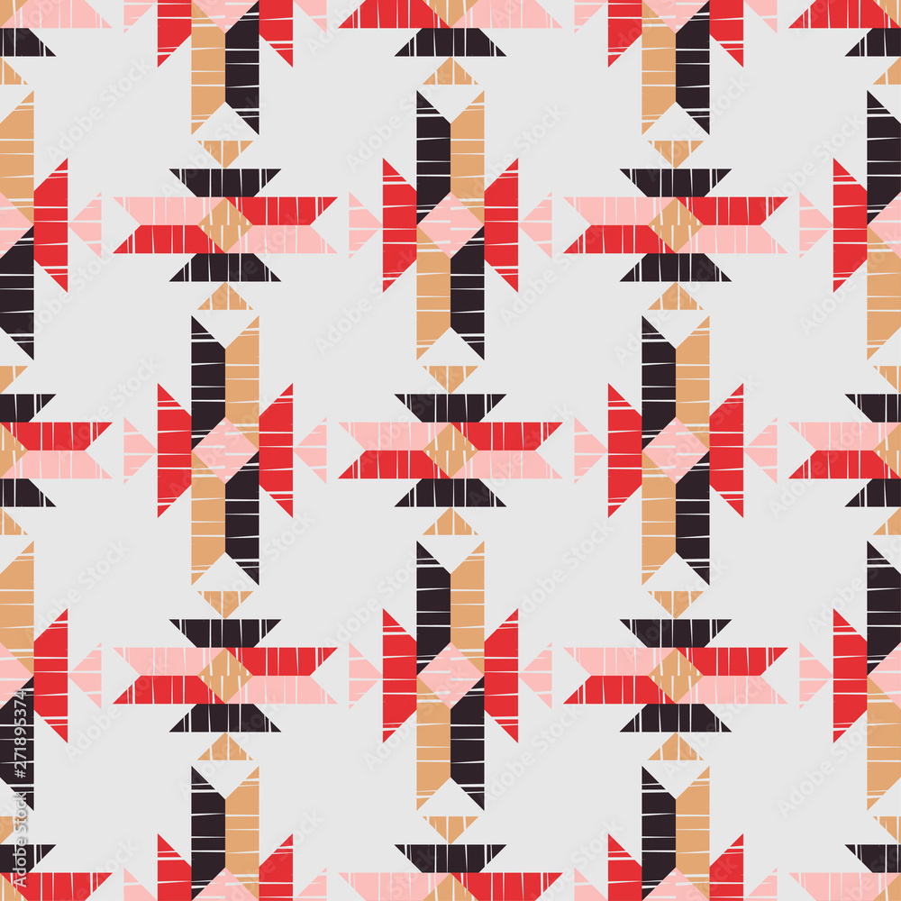 Fototapeta premium Ethnic boho seamless pattern. Lace. Embroidery on fabric. Patchwork texture. Weaving. Traditional ornament. Tribal pattern. Folk motif. Can be used for wallpaper, textile, wrapping, web.