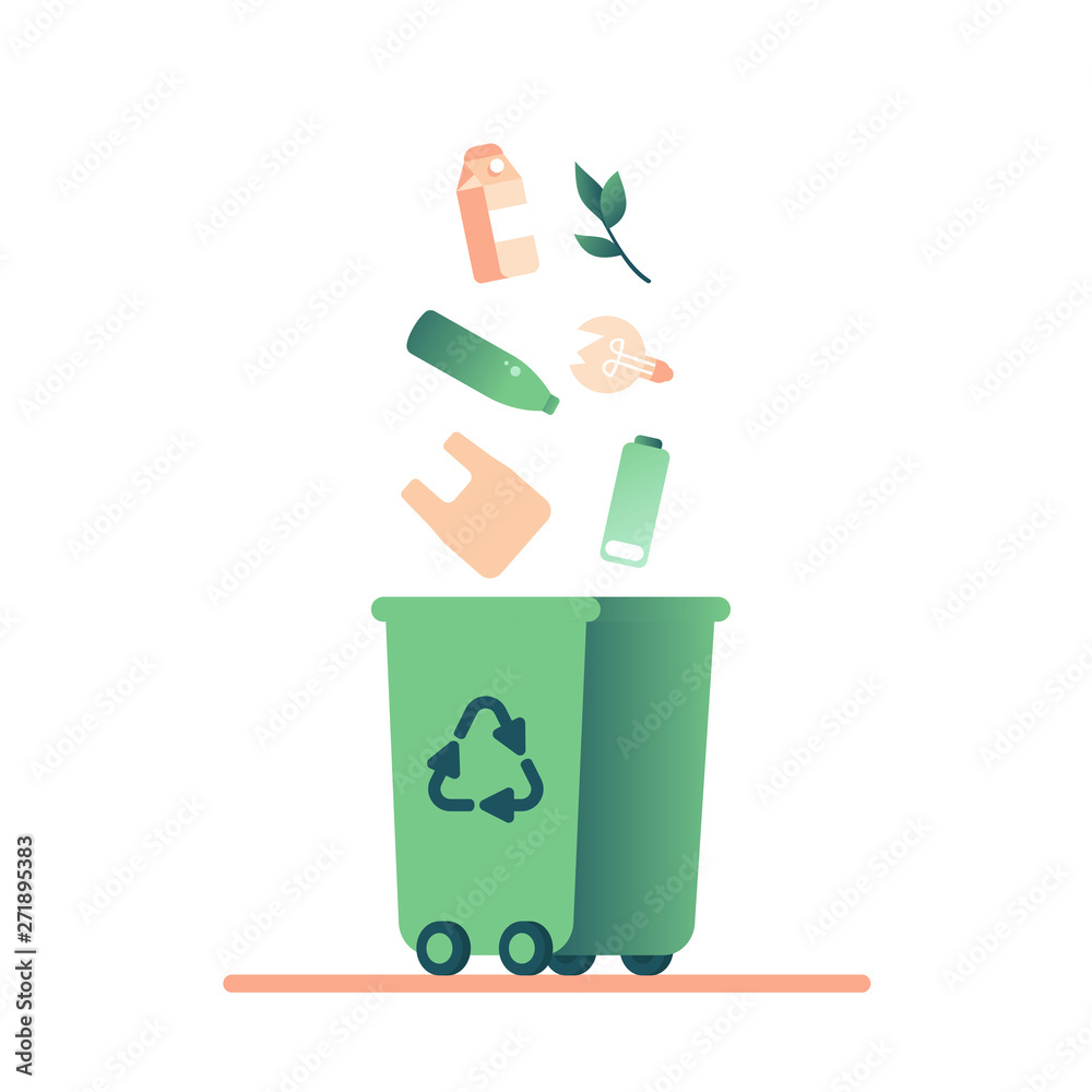Green trash bin and falling waste (plastic, paper, lamp, battery, glass