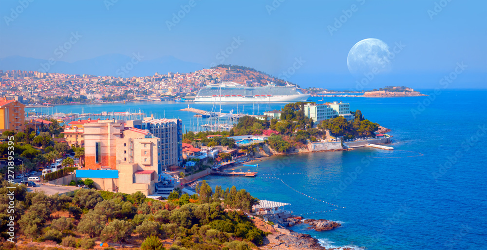 Cruise ships at the port of Kusadasi with full moon -Kusadasi, Turkey 