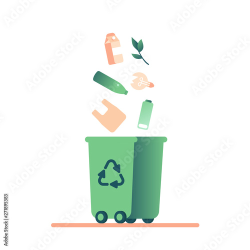 Green trash bin and falling waste (plastic, paper, lamp, battery, glass, organic) for recycling. Waste recycle management concept for bio,ecology,environment protection. Vector illustration