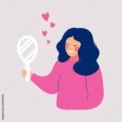 Young girl with love looking at herself in a hand mirror. Human character vector illustration