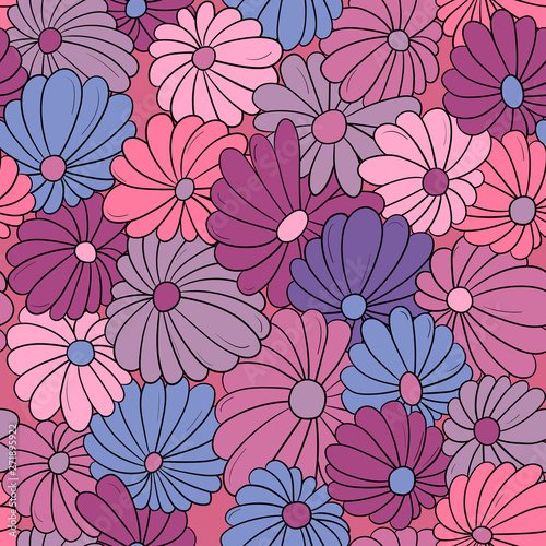 Seamless pattern background with different abstract flowers. Chamomile  aster
