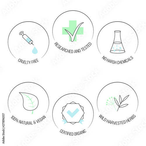 Vector set of icons with various symbols in linear style on white background. Collection of isolated elements for design packaging, tags and stamps or badges for cosmetics, medicine, food etc.