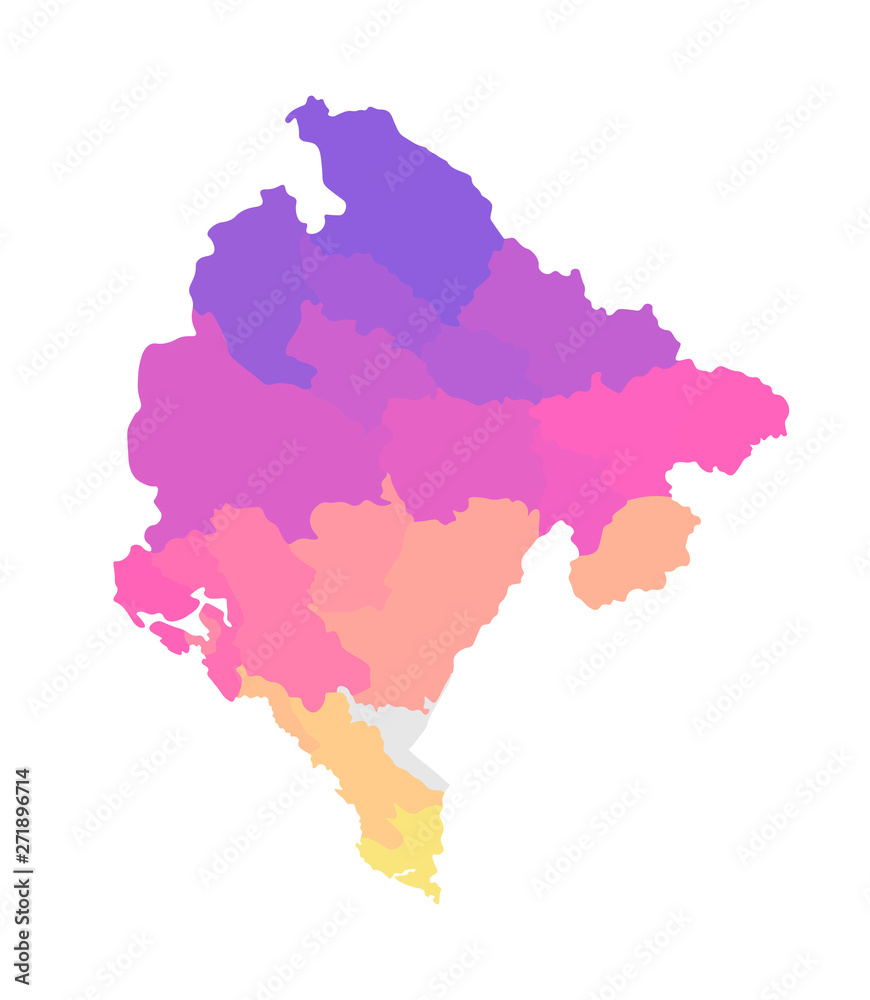 Vector isolated illustration of simplified administrative map of Montenegro. Borders of the regions. Multi colored silhouettes Vector isolated illustration of simplified administrative map of Montenegro. Borders of the regions. Multi colored silhouettes