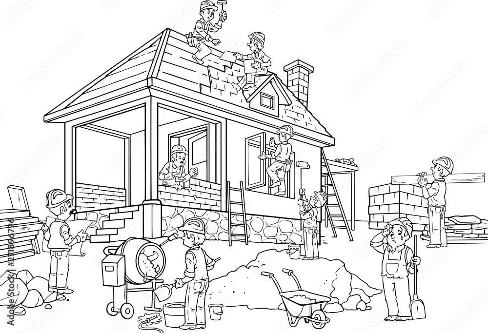 House construction, scene with workers, professional tools, building equipment