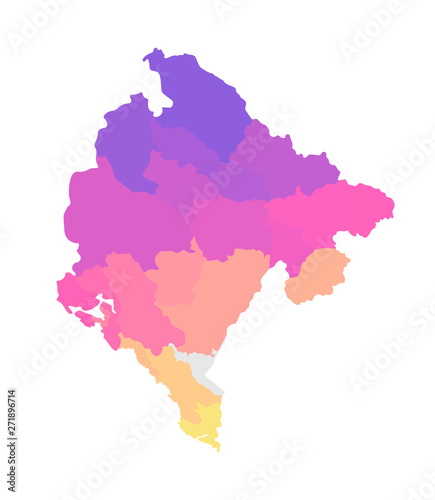 Vector isolated illustration of simplified administrative map of Montenegro. Borders of the regions. Multi colored silhouettes