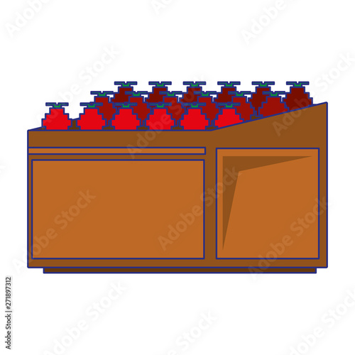 Retro videogame tomatos in wooden stand pixelated cartoon blue lines