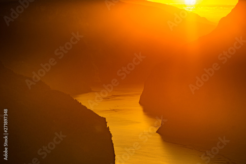 Fjord landscape at sunset, Norway photo