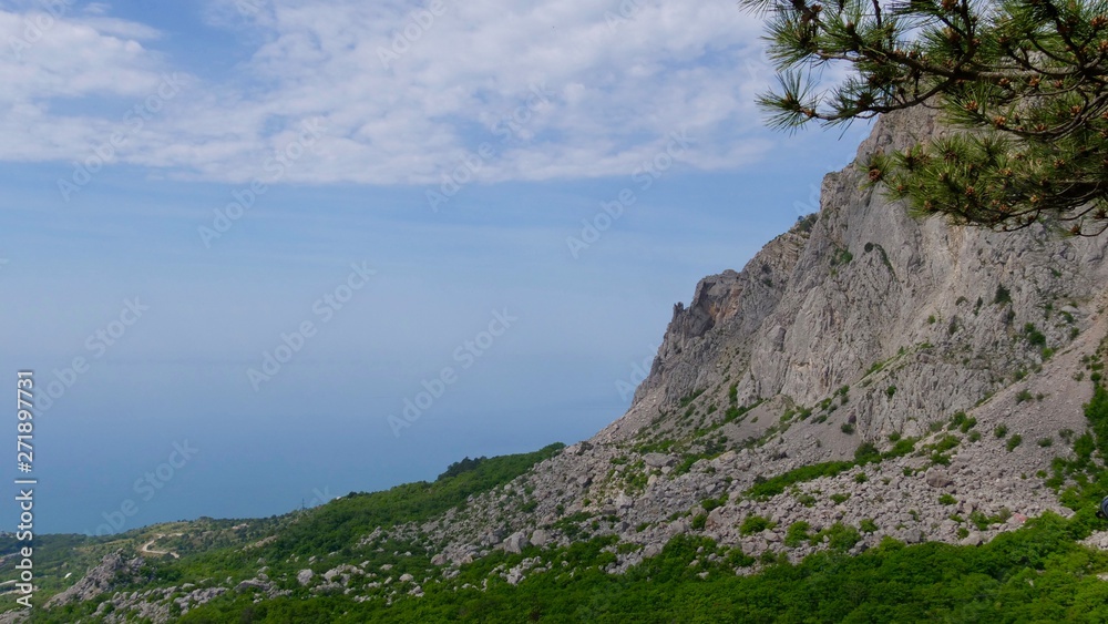 Blue mountains and blue sea. Black Sea Crimea.