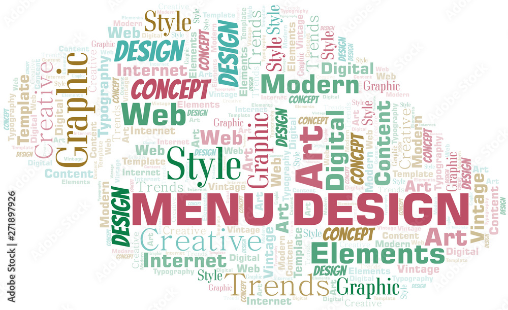 Menu Design word cloud. Wordcloud made with text only. Menu Design word cloud. Wordcloud made with text only.