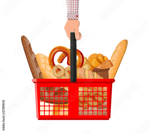 Bread icons and shopping basket in hand. Whole grain, wheat and rye bread, toast, pretzel, ciabatta, croissant, bagel, french baguette, cinnamon bun. Vector illustration in flat style