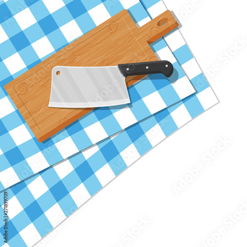 Wooden cutting board and kitchen knife. Table with tablecloth. Butcher cleaver knife and chopping board. Utensils, household cutlery. Cooking, domestic kitchenware. Vector illustration in flat style