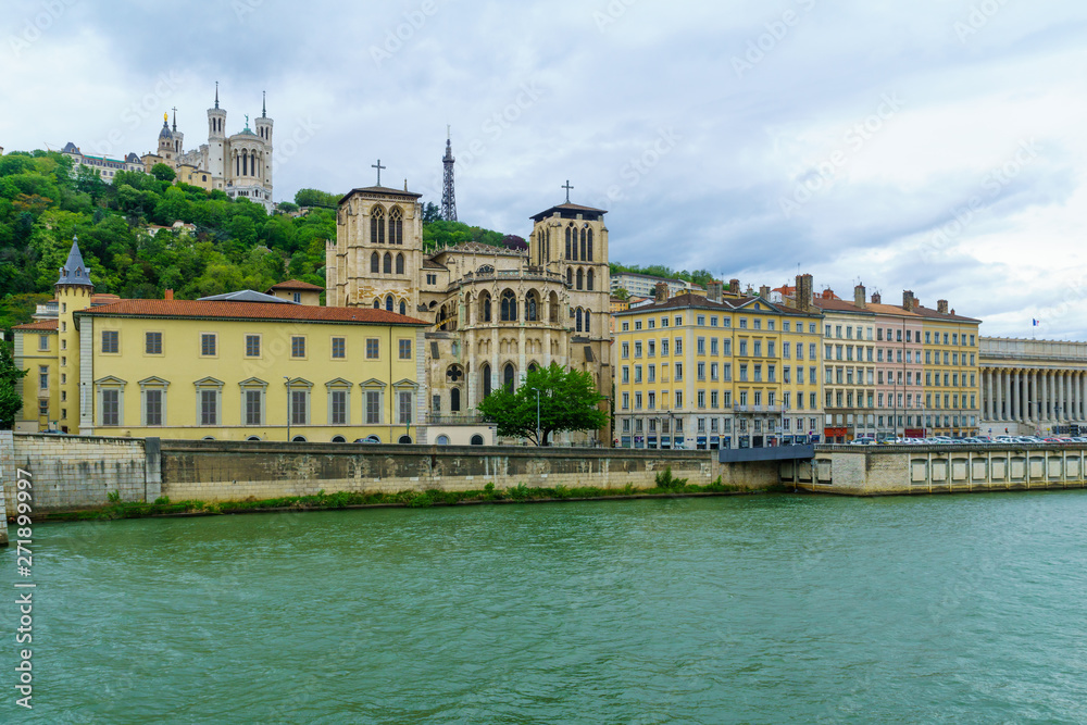 Saone river, with Saint-Jean cathedral, and Notre-Dame basilica, in Lyon