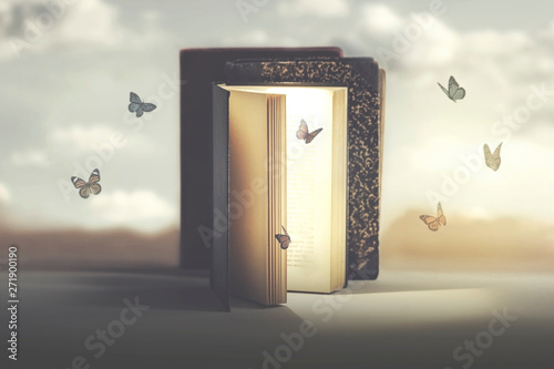 concept of freedom and fantasy of butterflies coming out of a mysterious book