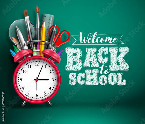 Back to school vector banner with alarm clock. School supplies, other elements and red alarm clock in green empty background with back to school text. Vector illustration.