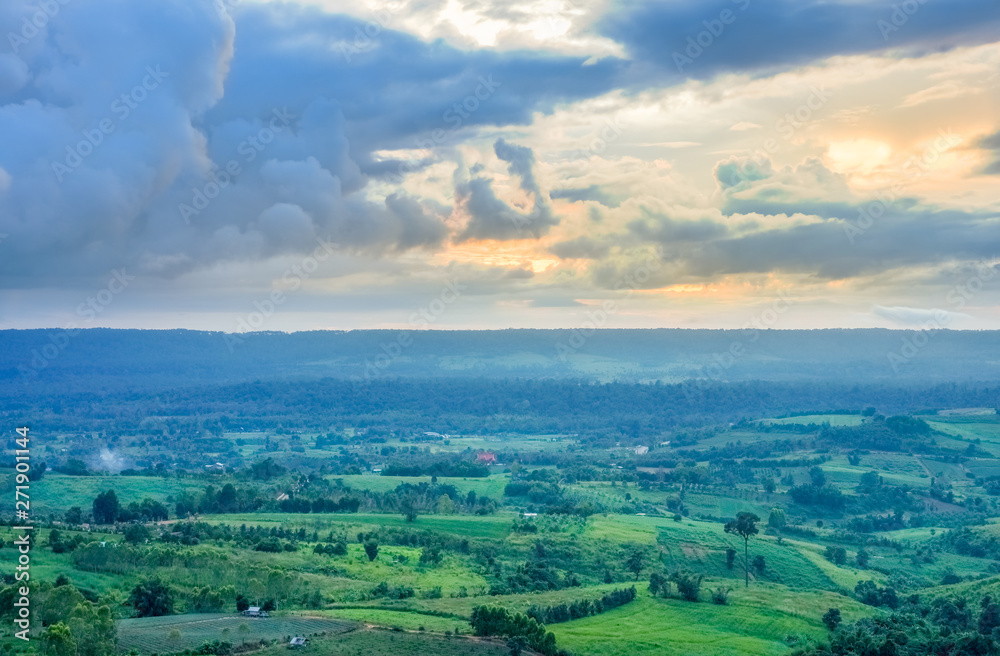 Obraz premium Thai rural area in cloudy day view from Khao Ta-Khian Ngo Viewpoint. Location in Khao Kho District, Phetchabun, Thailand, Southeast Asia.