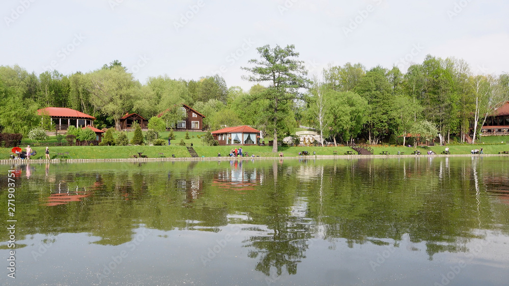 Beautiful view of the fishing pond with gazebos