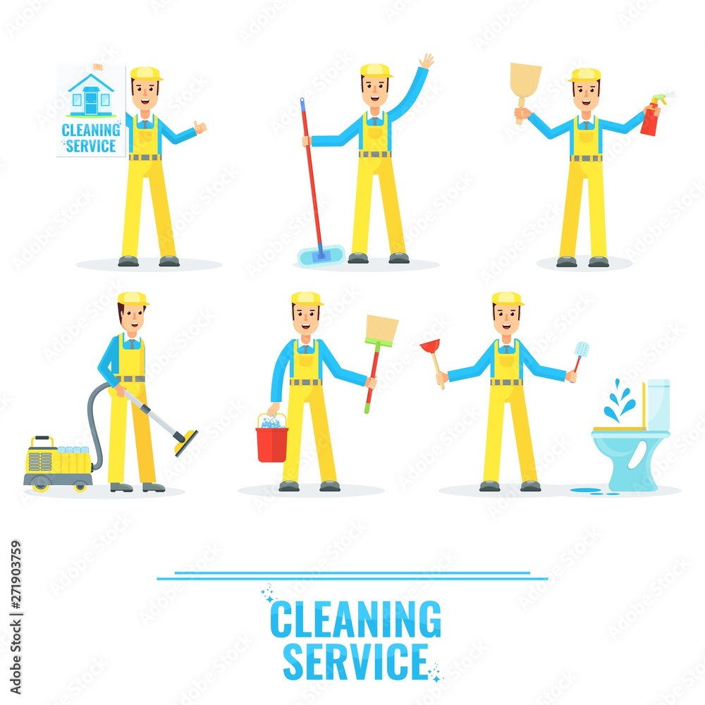 Cleaning service man vector flat cartoon character.