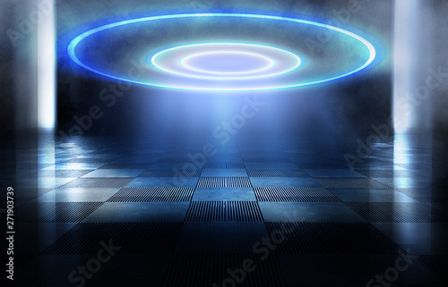 Dark empty scene, blue neon...