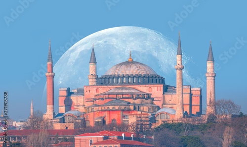 Hagia Sophia Museum with full blue moon "Elements of this image furnished by NASA "