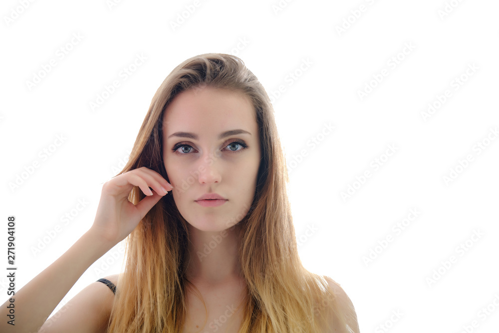 Photograph of a portrait of a beautiful fashionable beauty woman girl with long dark flowing hair, isolate on a white background. She is standing in different poses and smiling. Photograph of a portrait of a beautiful fashionable beauty woman girl with long dark flowing hair, isolate on a white background. She is standing in different poses and smiling.
