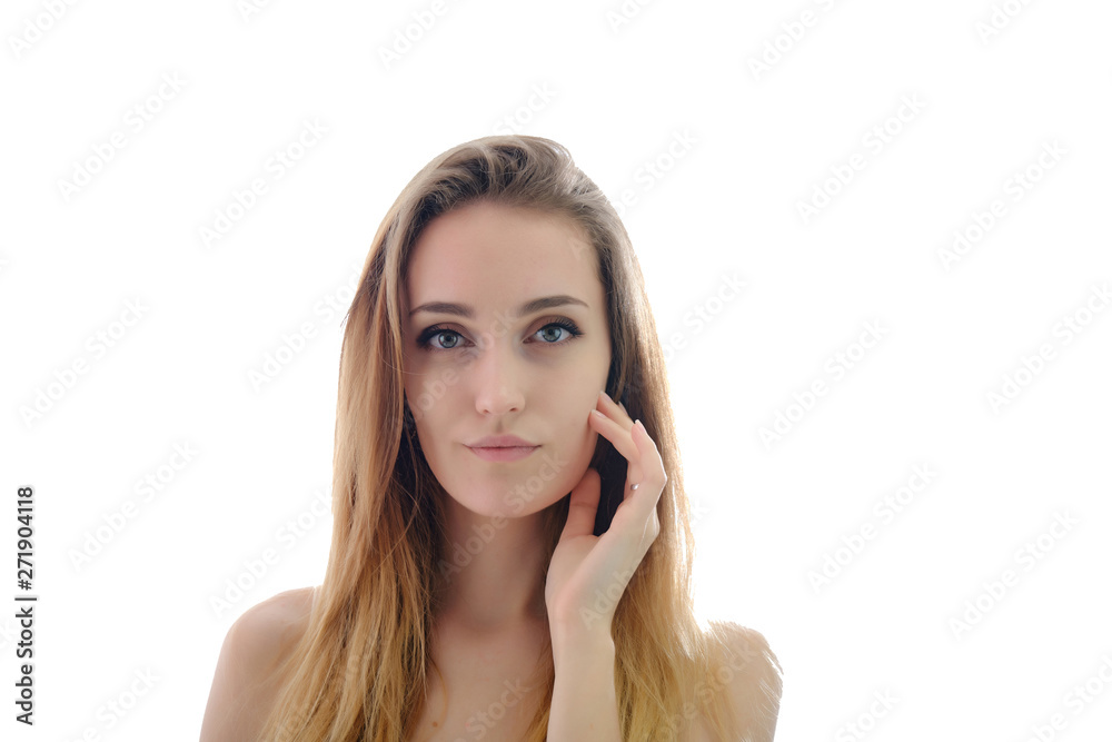 Photograph of a portrait of a beautiful fashionable beauty woman girl with long dark flowing hair, isolate on a white background. She is standing in different poses and smiling. Photograph of a portrait of a beautiful fashionable beauty woman girl with long dark flowing hair, isolate on a white background. She is standing in different poses and smiling.