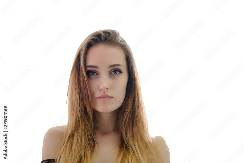 Photograph of a portrait of a beautiful fashionable beauty woman girl with long dark flowing hair, isolate on a white background. She is standing in different poses and smiling. Photograph of a portrait of a beautiful fashionable beauty woman girl with long dark flowing hair, isolate on a white background. She is standing in different poses and smiling.
