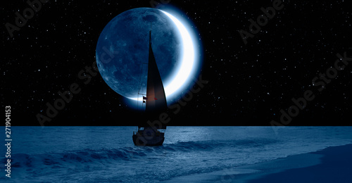 Lone yacht with crescent moon "Elements of this image furnished by NASA "