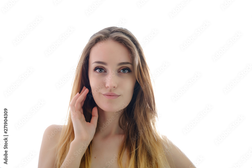 Photograph of a portrait of a beautiful fashionable beauty woman girl with long dark flowing hair, isolate on a white background. She is standing in different poses and smiling. Photograph of a portrait of a beautiful fashionable beauty woman girl with long dark flowing hair, isolate on a white background. She is standing in different poses and smiling.