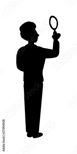 Black silhouette isolated young man detective seeker finder with magnifying glass in white background. Seach answer, riddles, arcana, solutions. Monochrome.