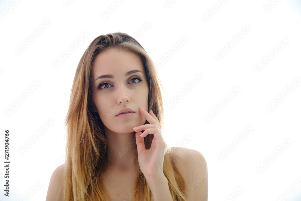 Photograph of a portrait of a beautiful fashionable beauty woman girl with long dark flowing hair, isolate on a white background. She is standing in different poses and smiling. Photograph of a portrait of a beautiful fashionable beauty woman girl with long dark flowing hair, isolate on a white background. She is standing in different poses and smiling.