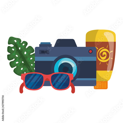 solar blocker bottle with camera and sunglasses