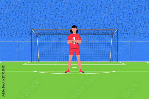 Women's world Cup. Goalkeeper on the background of the gate and the stands with the fans. Vector illustration