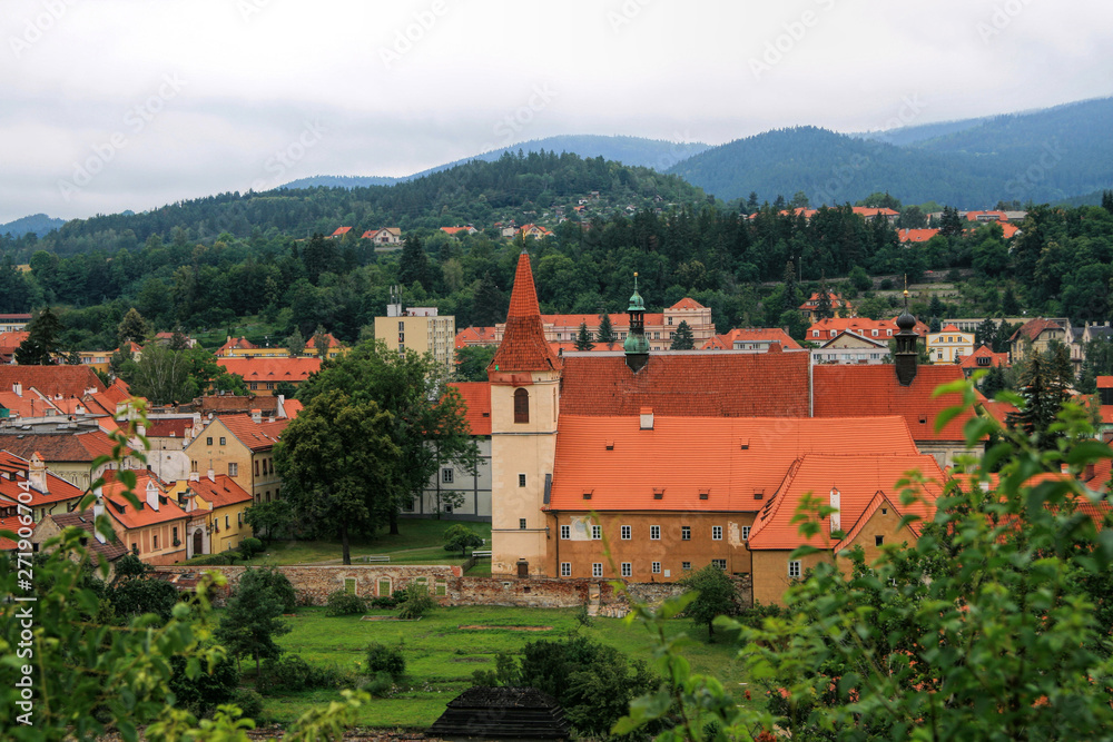 Beautiful view at the old town Czech Krumlov and nearby mountains in Czech Republic