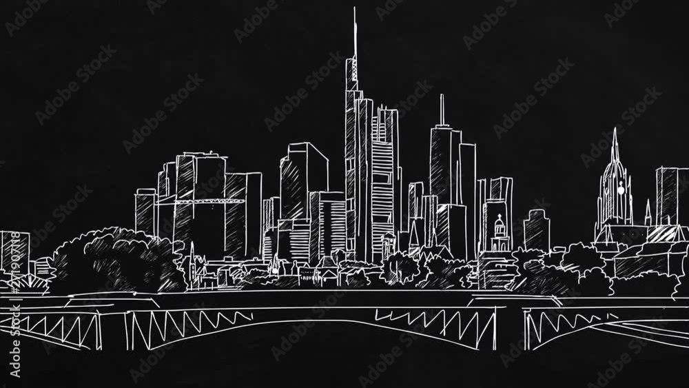 Frankfurt Main Skyline - self-drawing lines on blackboard